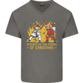 Santa vs Jesus Funny Christmas Xmas Mens V-Neck Cotton T-Shirt Charcoal