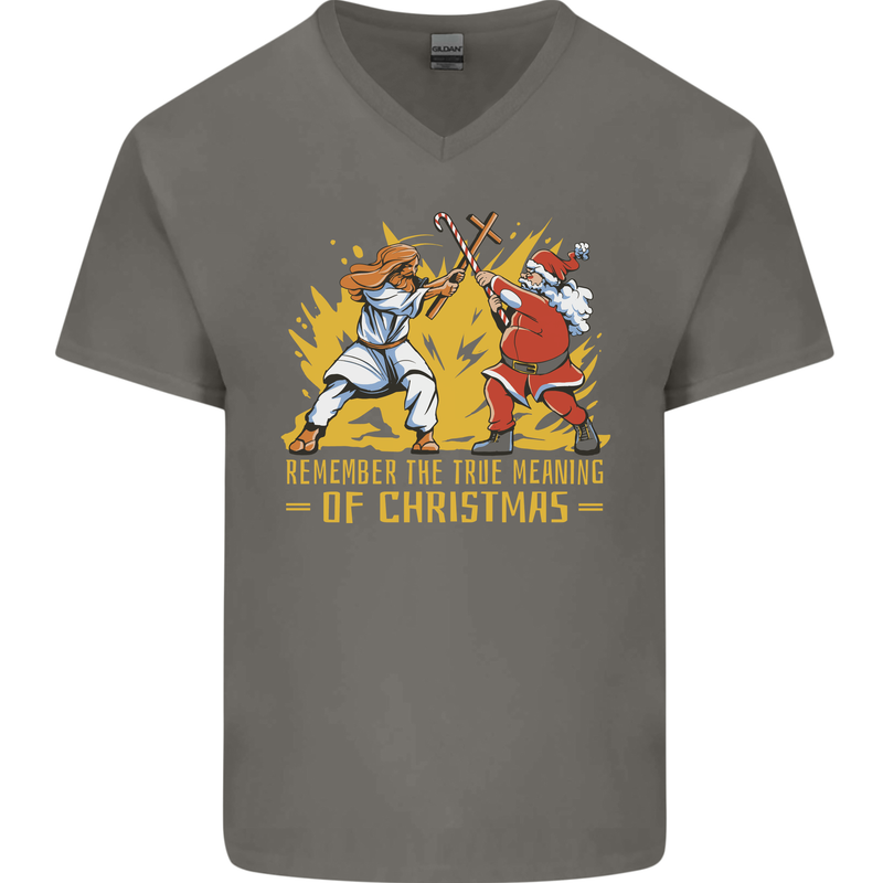 Santa vs Jesus Funny Christmas Xmas Mens V-Neck Cotton T-Shirt Charcoal