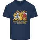 Santa vs Jesus Funny Christmas Xmas Mens V-Neck Cotton T-Shirt Navy Blue