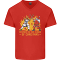 Santa vs Jesus Funny Christmas Xmas Mens V-Neck Cotton T-Shirt Red