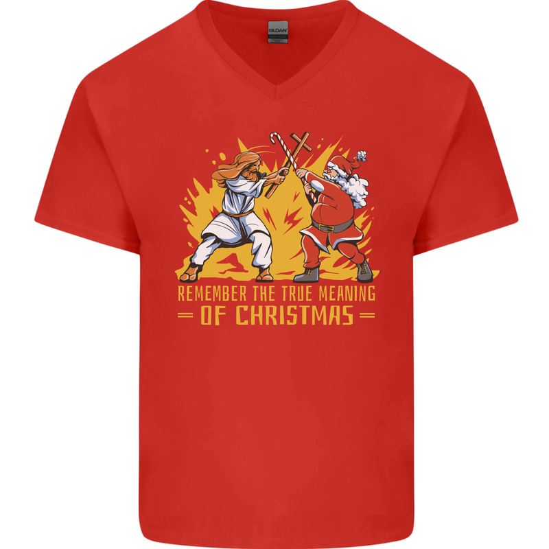 Santa vs Jesus Funny Christmas Xmas Mens V-Neck Cotton T-Shirt Red