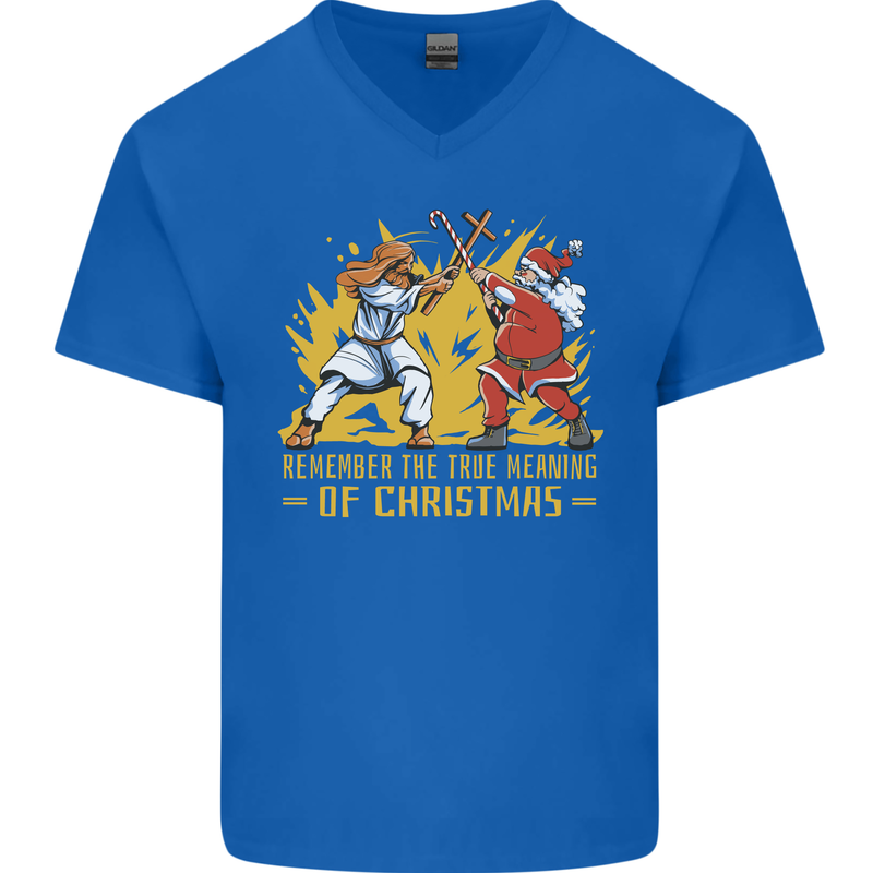 Santa vs Jesus Funny Christmas Xmas Mens V-Neck Cotton T-Shirt Royal Blue
