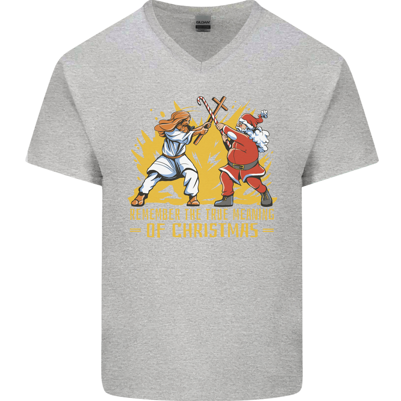 Santa vs Jesus Funny Christmas Xmas Mens V-Neck Cotton T-Shirt Sports Grey