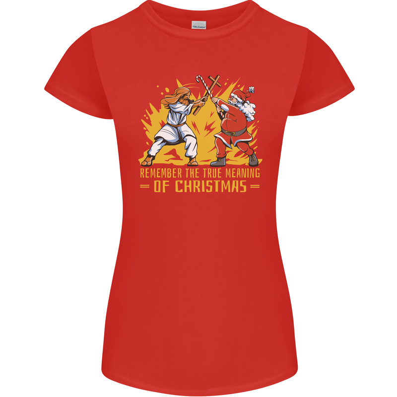 Santa vs Jesus Funny Christmas Xmas Womens Petite Cut T-Shirt Red