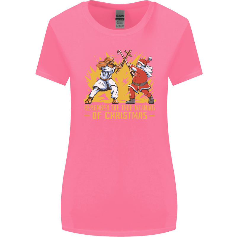 Santa vs Jesus Funny Christmas Xmas Womens Wider Cut T-Shirt Azalea