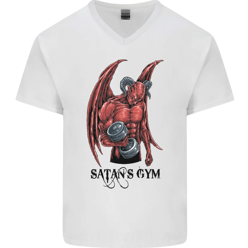 Satan's Gym Bodybuilding Training Top Mens V-Neck Cotton T-Shirt White