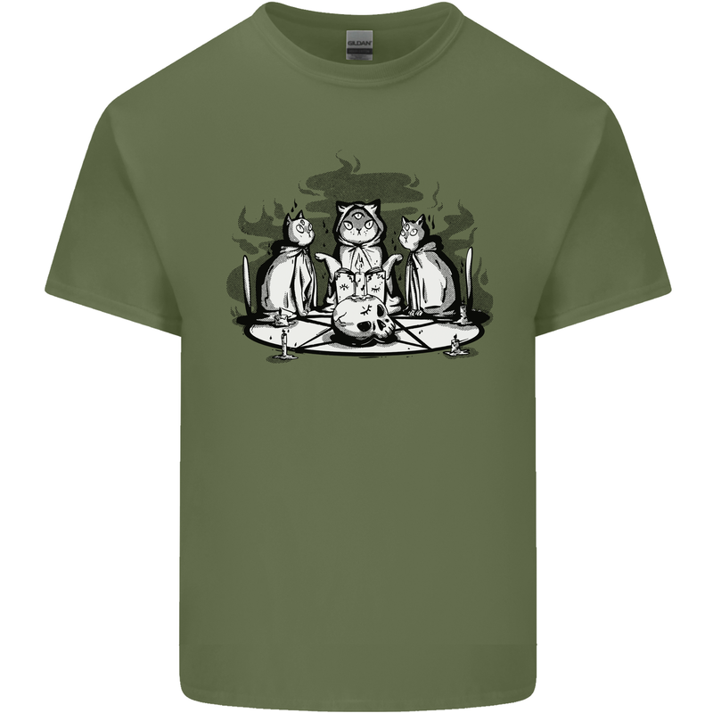 Satanic Cats Black Magic Pentacle Mens Cotton T-Shirt Tee Top Military Green