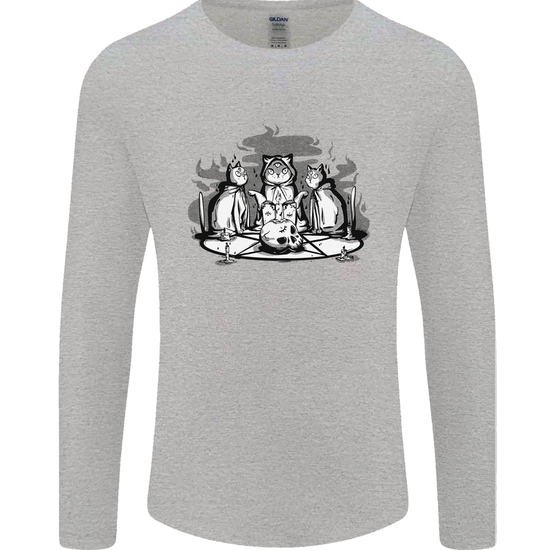 Satanic Cats Black Magic Pentacle Mens Long Sleeve T-Shirt Sports Grey