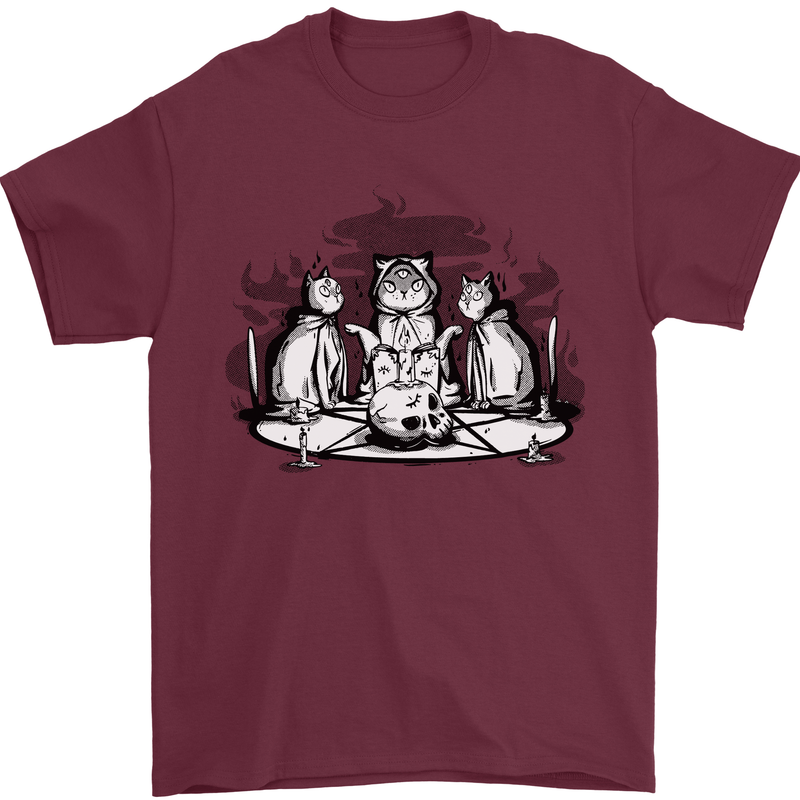 Satanic Cats Black Magic Pentacle Mens T-Shirt 100% Cotton Maroon