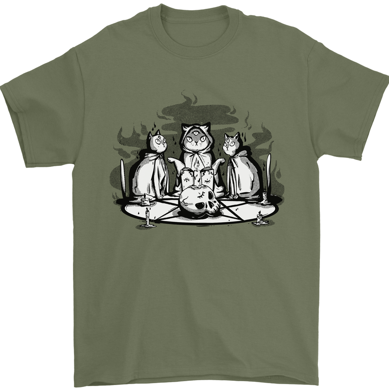 Satanic Cats Black Magic Pentacle Mens T-Shirt 100% Cotton Military Green