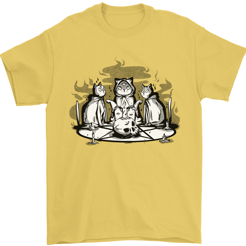 Satanic Cats Black Magic Pentacle Mens T-Shirt 100% Cotton Yellow