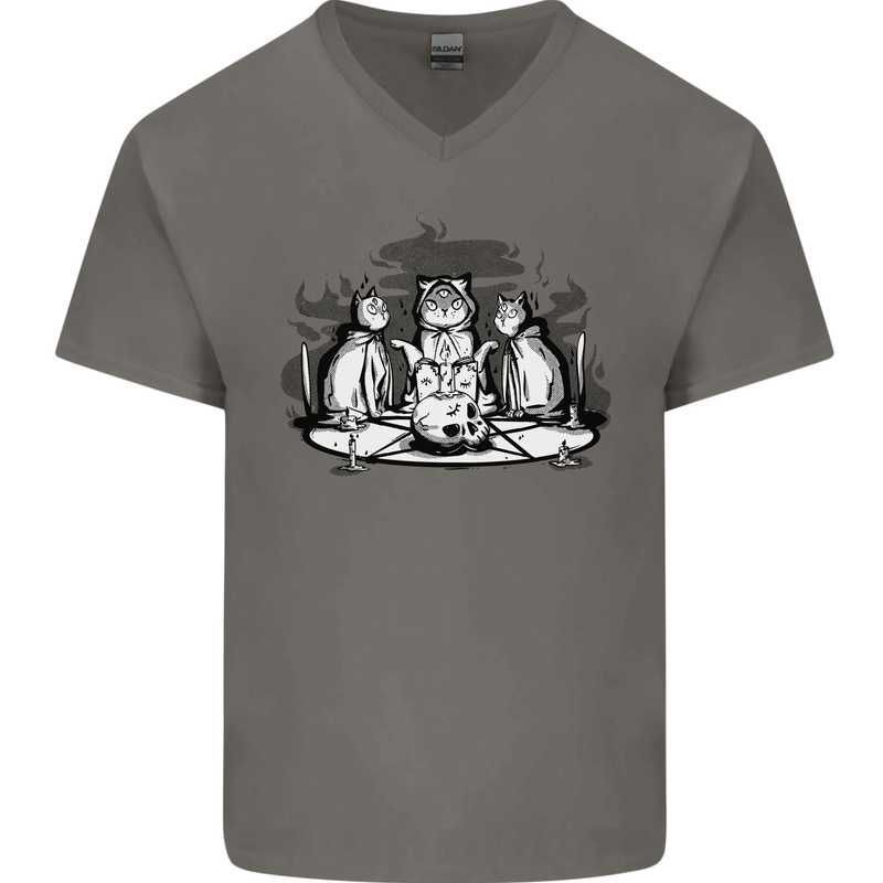 Satanic Cats Black Magic Pentacle Mens V-Neck Cotton T-Shirt Charcoal