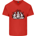 Satanic Cats Black Magic Pentacle Mens V-Neck Cotton T-Shirt Red