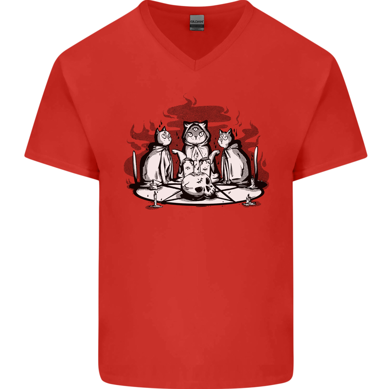 Satanic Cats Black Magic Pentacle Mens V-Neck Cotton T-Shirt Red