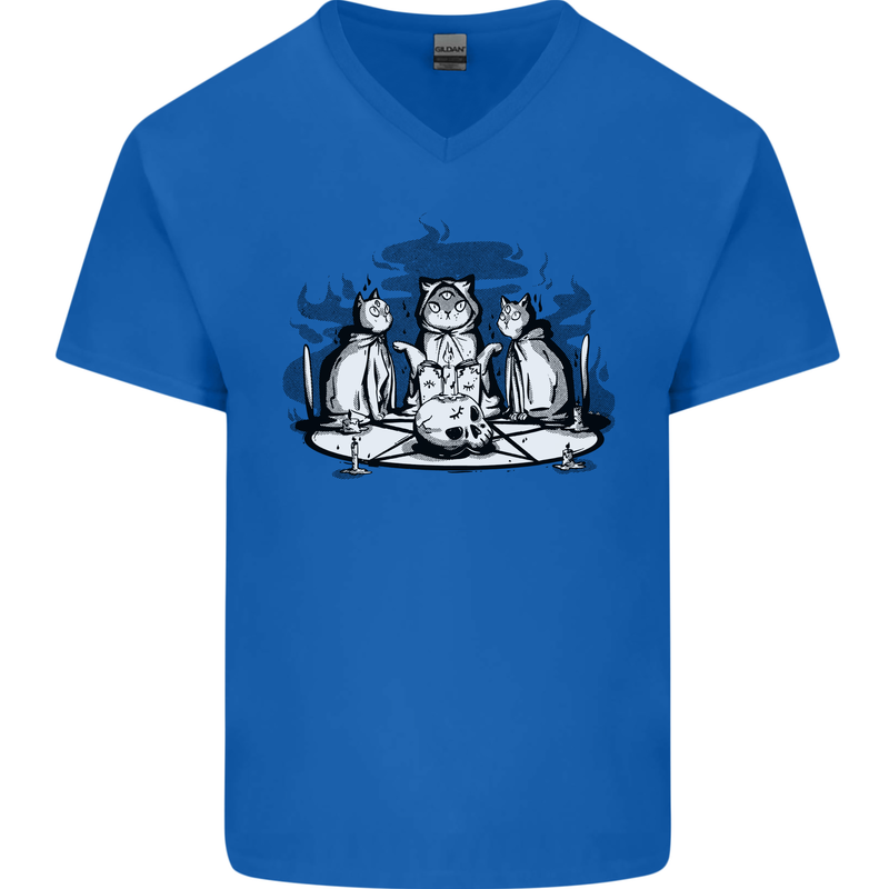 Satanic Cats Black Magic Pentacle Mens V-Neck Cotton T-Shirt Royal Blue