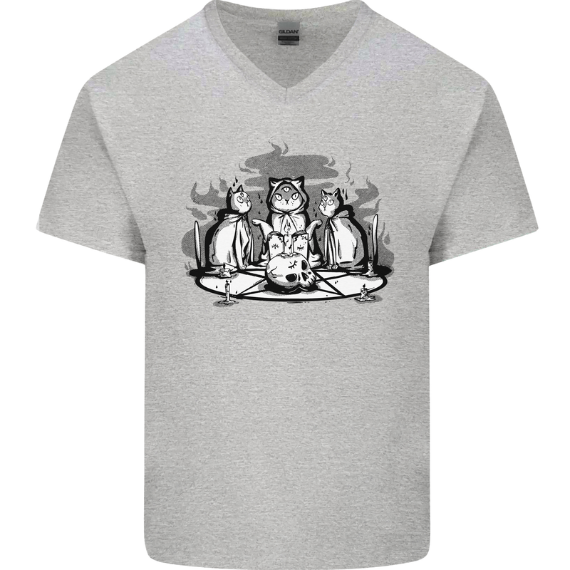 Satanic Cats Black Magic Pentacle Mens V-Neck Cotton T-Shirt Sports Grey