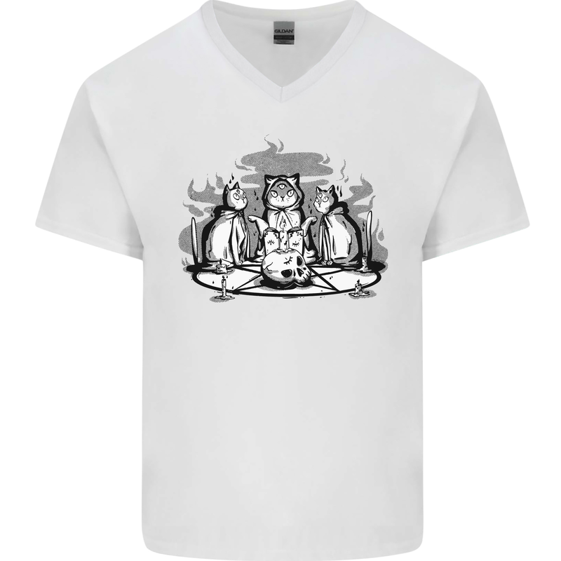 Satanic Cats Black Magic Pentacle Mens V-Neck Cotton T-Shirt White