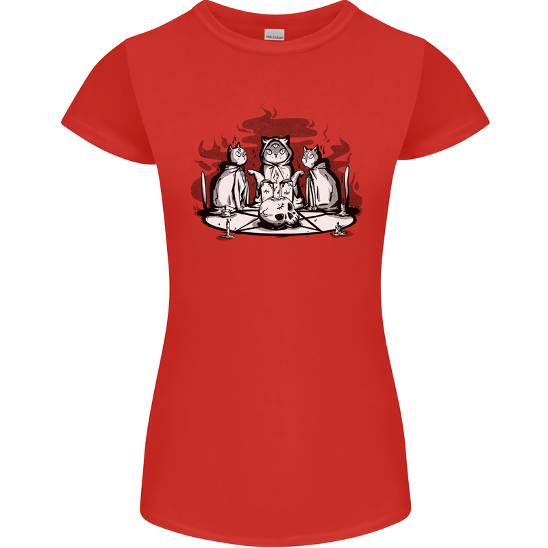 Satanic Cats Black Magic Pentacle Womens Petite Cut T-Shirt Red