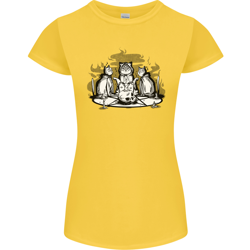 Satanic Cats Black Magic Pentacle Womens Petite Cut T-Shirt Yellow