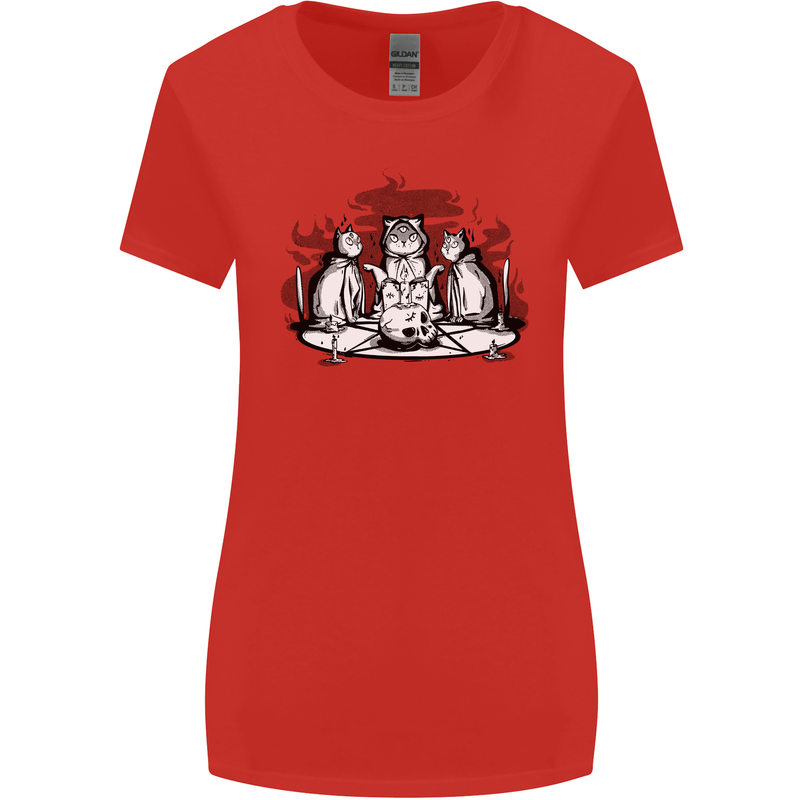Satanic Cats Black Magic Pentacle Womens Wider Cut T-Shirt Red