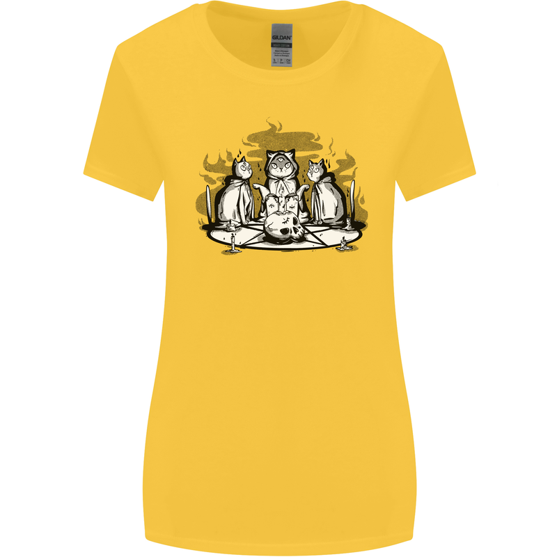 Satanic Cats Black Magic Pentacle Womens Wider Cut T-Shirt Yellow