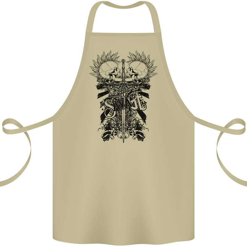 Savage Two Punk Skulls Biker Motorbike Cotton Apron 100% Organic Khaki