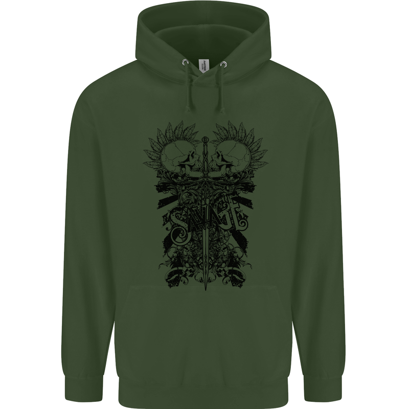 Savage Two Punk Skulls Biker Motorbike Mens 80% Cotton Hoodie Forest Green