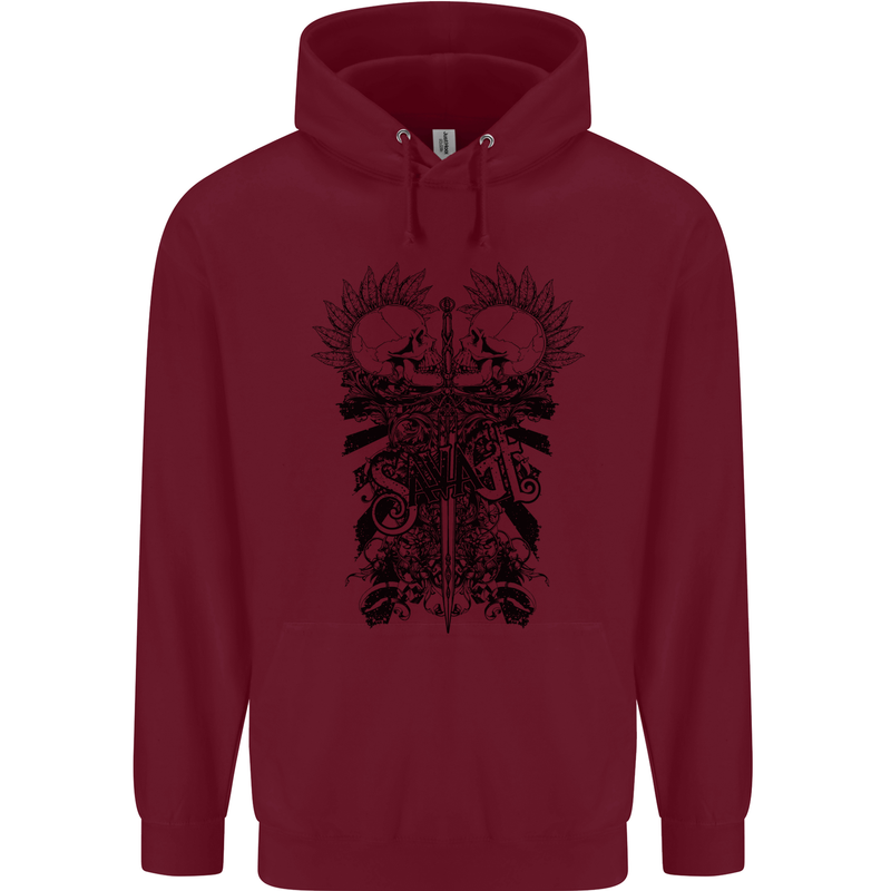 Savage Two Punk Skulls Biker Motorbike Mens 80% Cotton Hoodie Maroon