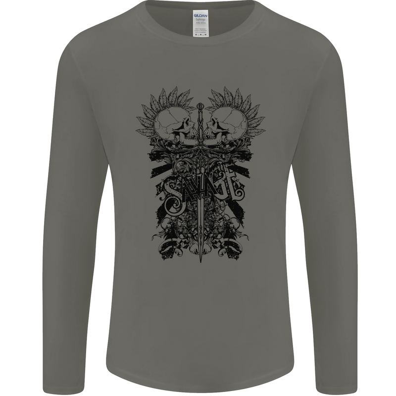 Savage Two Punk Skulls Biker Motorbike Mens Long Sleeve T-Shirt Charcoal