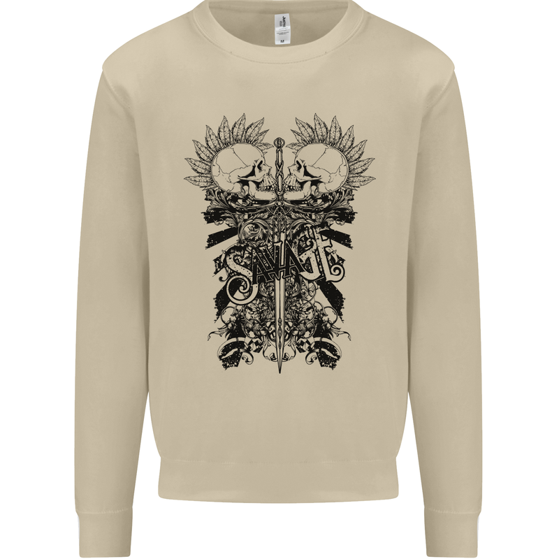 Savage Two Punk Skulls Biker Motorbike Mens Sweatshirt Jumper Sand