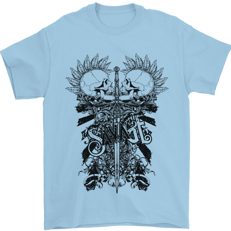 Savage Two Punk Skulls Biker Motorbike Mens T-Shirt Cotton Gildan Light Blue