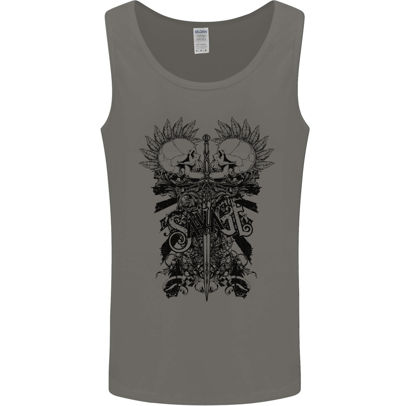 Savage Two Punk Skulls Biker Motorbike Mens Vest Tank Top Charcoal
