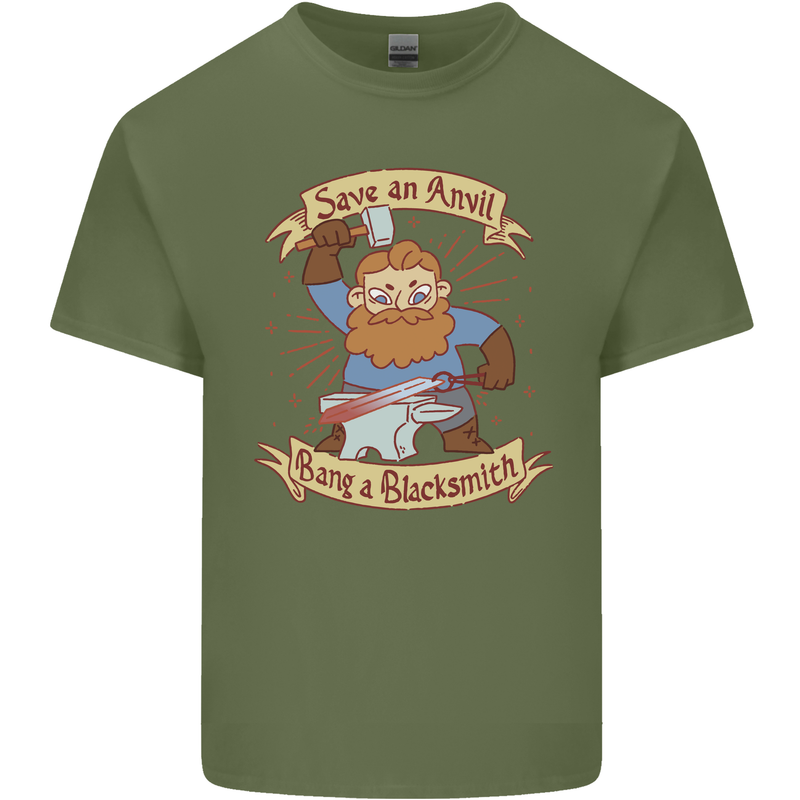 Save an Anvil Bang a Blacksmith Mens Cotton T-Shirt Tee Top Military Green