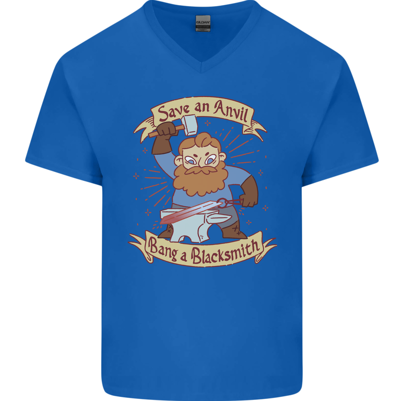 Save an Anvil Bang a Blacksmith Mens V-Neck Cotton T-Shirt Royal Blue