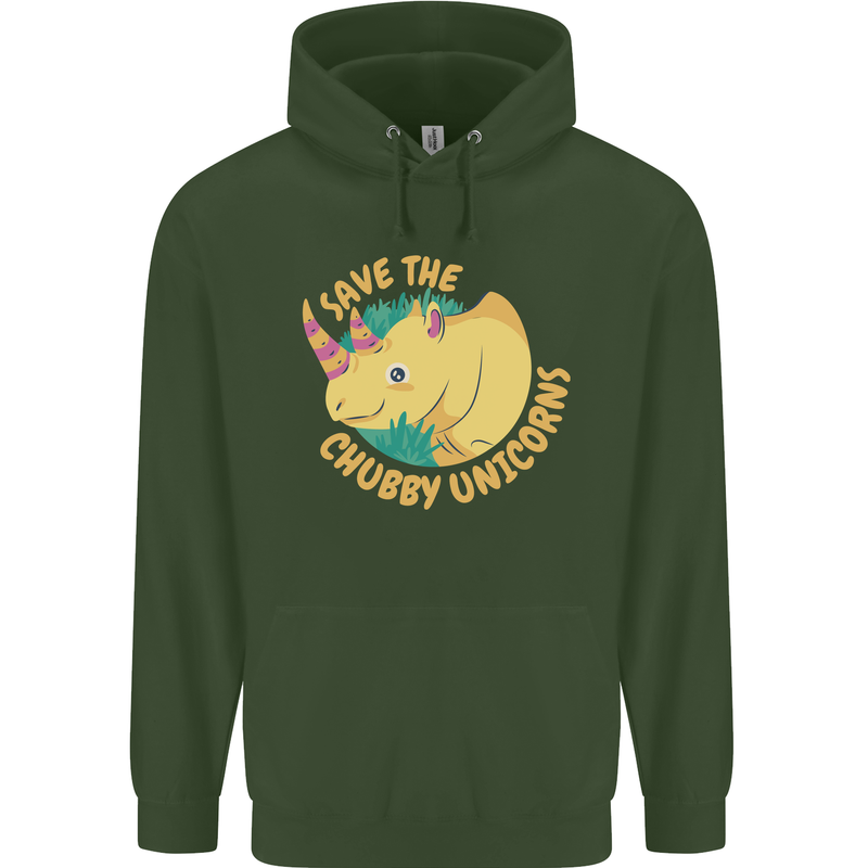 Save the Chbby Unicorns Funny Rhino Mens 80% Cotton Hoodie Forest Green
