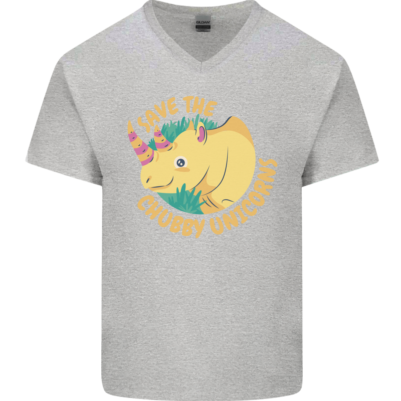 Save the Chbby Unicorns Funny Rhino Mens V-Neck Cotton T-Shirt Sports Grey