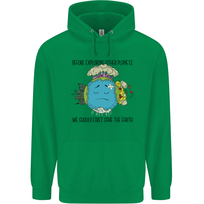 Save the Earth Climate Change Environment Mens 80% Cotton Hoodie Irish Green