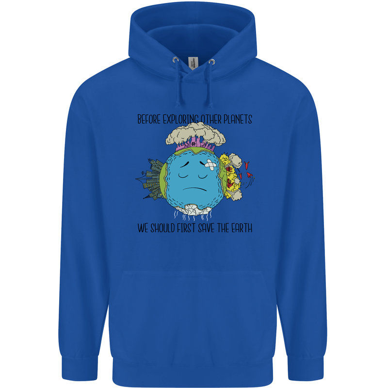 Save the Earth Climate Change Environment Mens 80% Cotton Hoodie Royal Blue