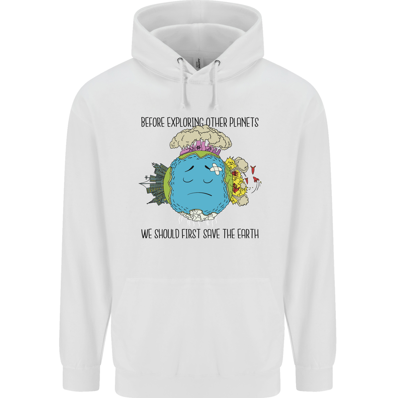 Save the Earth Climate Change Environment Mens 80% Cotton Hoodie White
