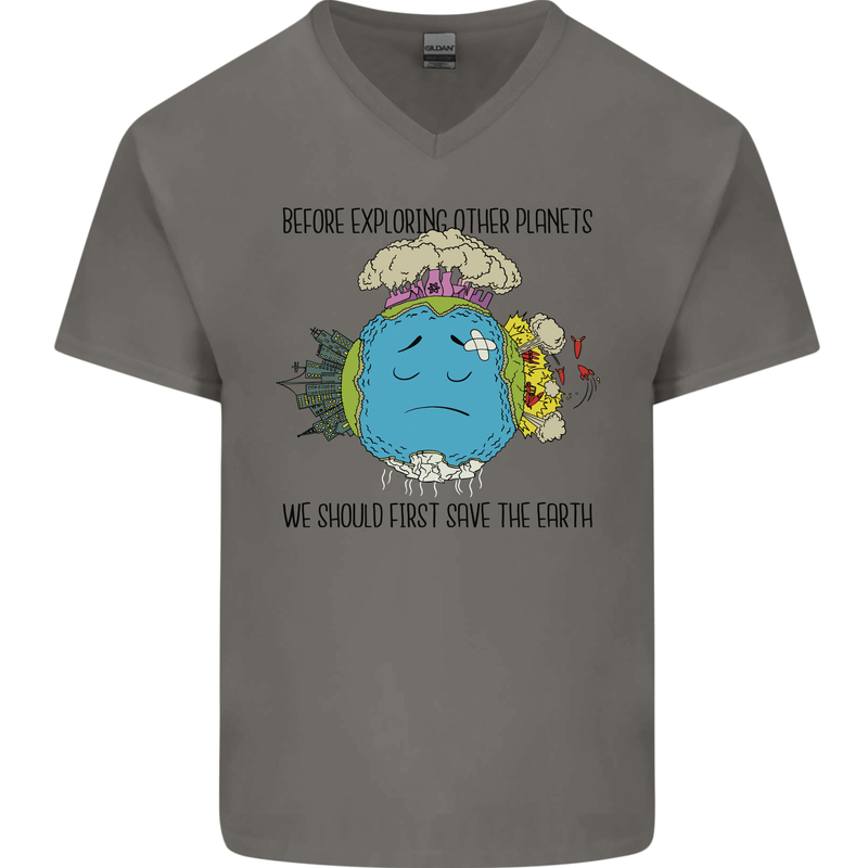 Save the Earth Climate Change Environment Mens V-Neck Cotton T-Shirt Charcoal