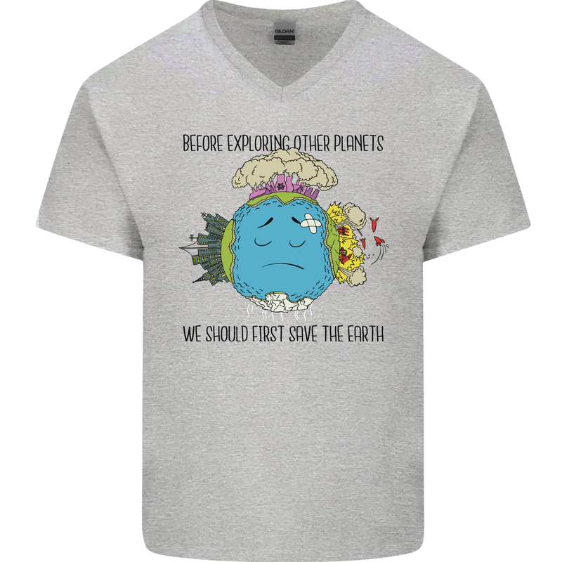 Save the Earth Climate Change Environment Mens V-Neck Cotton T-Shirt Sports Grey