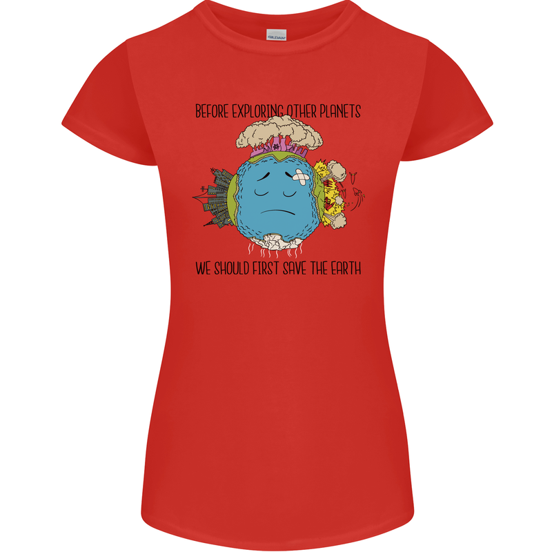 Save the Earth Climate Change Environment Womens Petite Cut T-Shirt Red