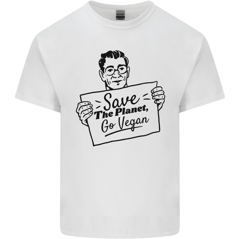 Save the Planet Go Vegan Global Warming Mens Cotton T-Shirt Tee Top White