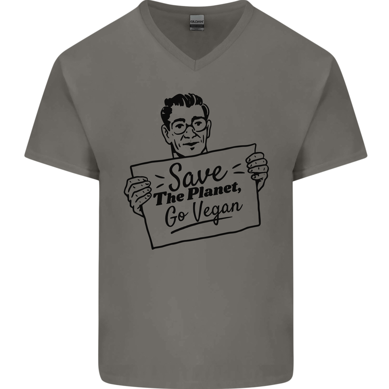 Save the Planet Go Vegan Global Warming Mens V-Neck Cotton T-Shirt Charcoal