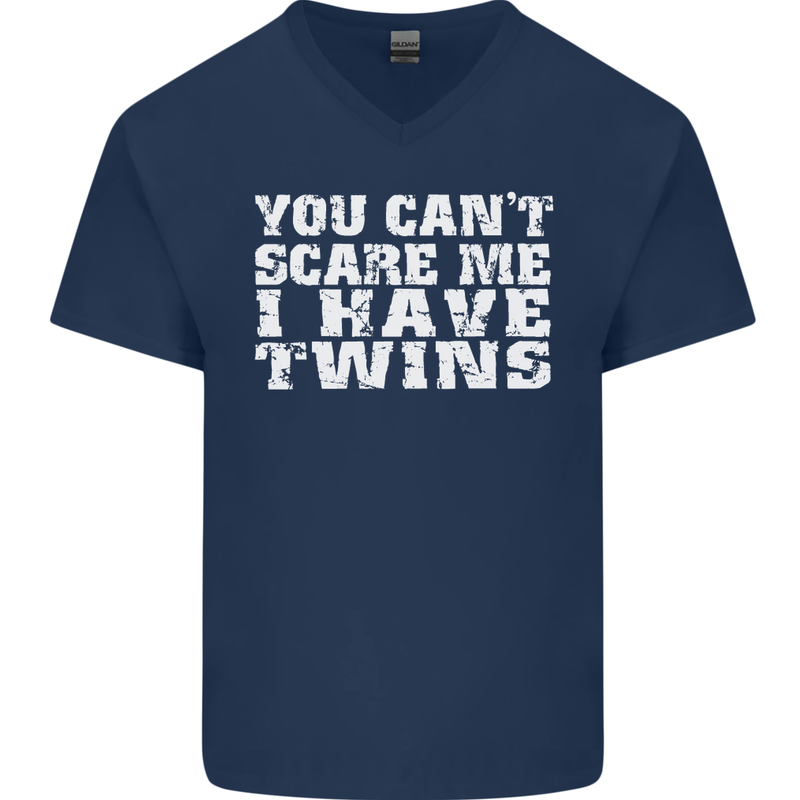 Scare Me I Have Twins Father's Day Mother's Mens V-Neck Cotton T-Shirt Navy Blue