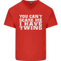 Scare Me I Have Twins Father's Day Mother's Mens V-Neck Cotton T-Shirt Red