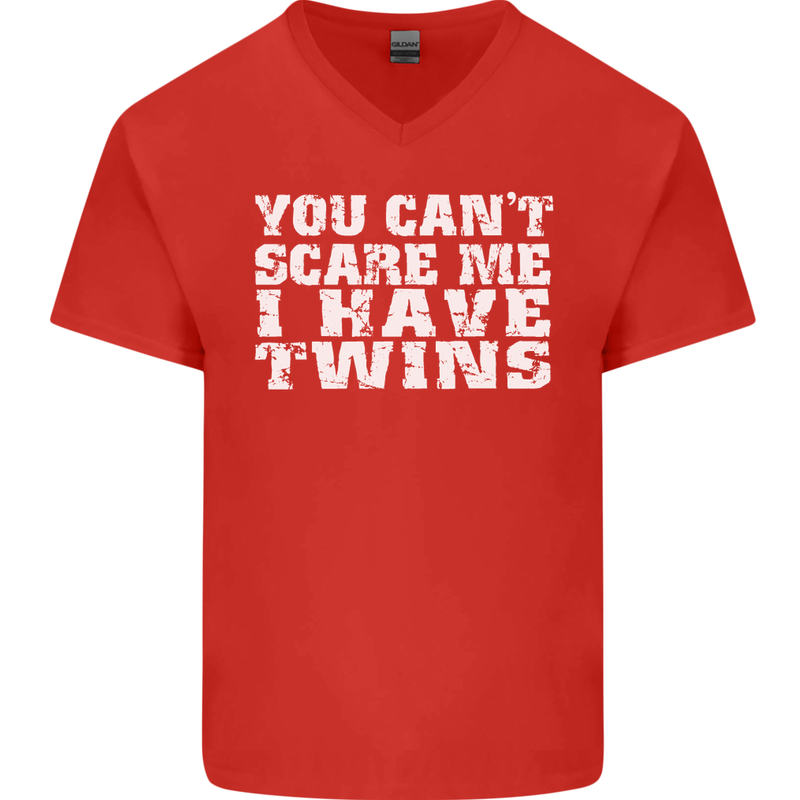 Scare Me I Have Twins Father's Day Mother's Mens V-Neck Cotton T-Shirt Red