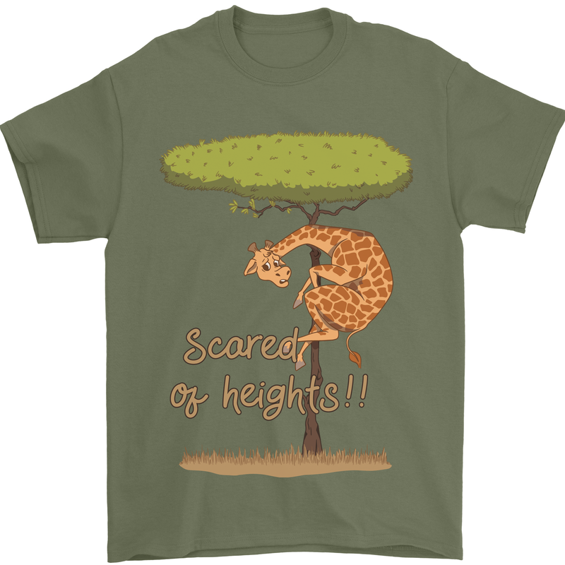 Scared of Heights Funny Giraffe Acrophobia Mens T-Shirt 100% Cotton Military Green