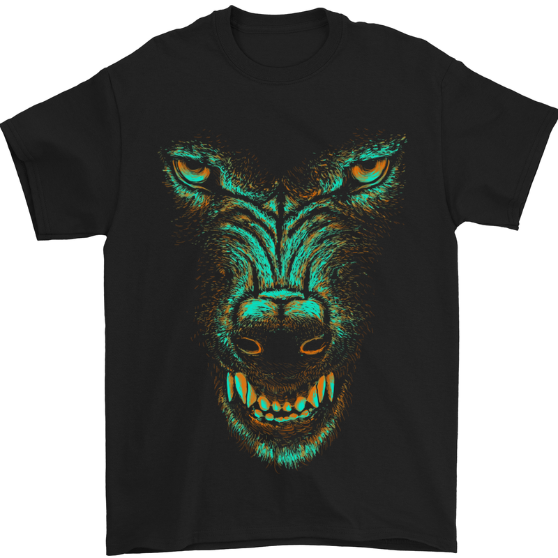Scary Wolf Face Werewolf Horror Halloween Mens T-Shirt Cotton Gildan Black