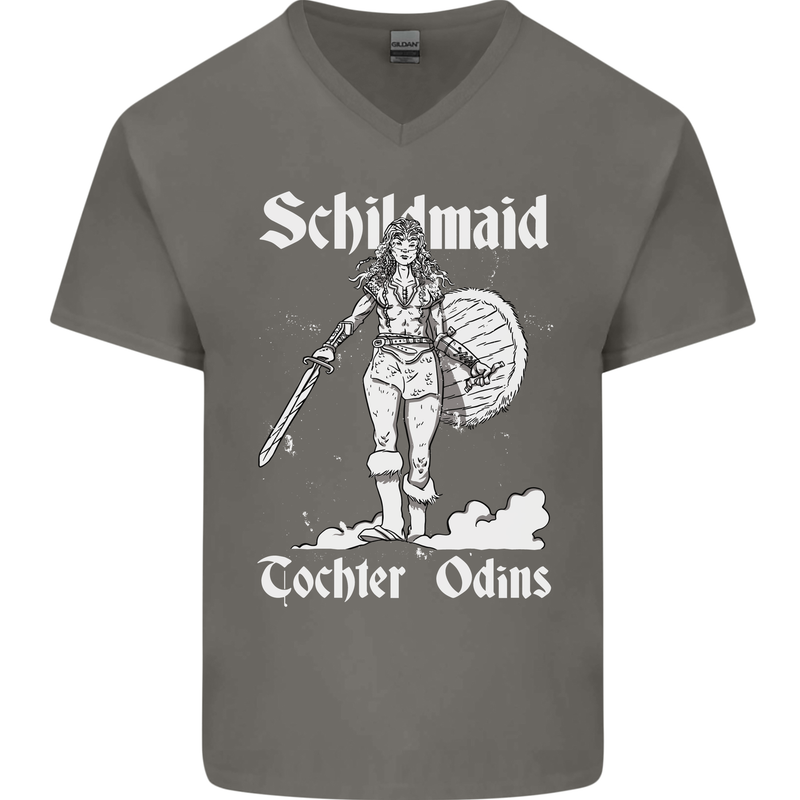 Schildmaid Viking Shield Maiden Mens V-Neck Cotton T-Shirt Charcoal